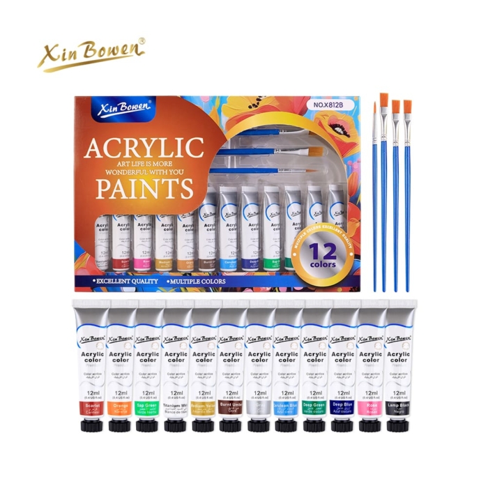 Xinbowen Acrylic Paint set 12pcs + Brushes and 1 Palette Tray - Image 1