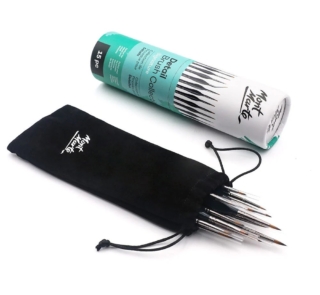 Mont Marte detail brush set collection in a mini black drawstring bag on a white background