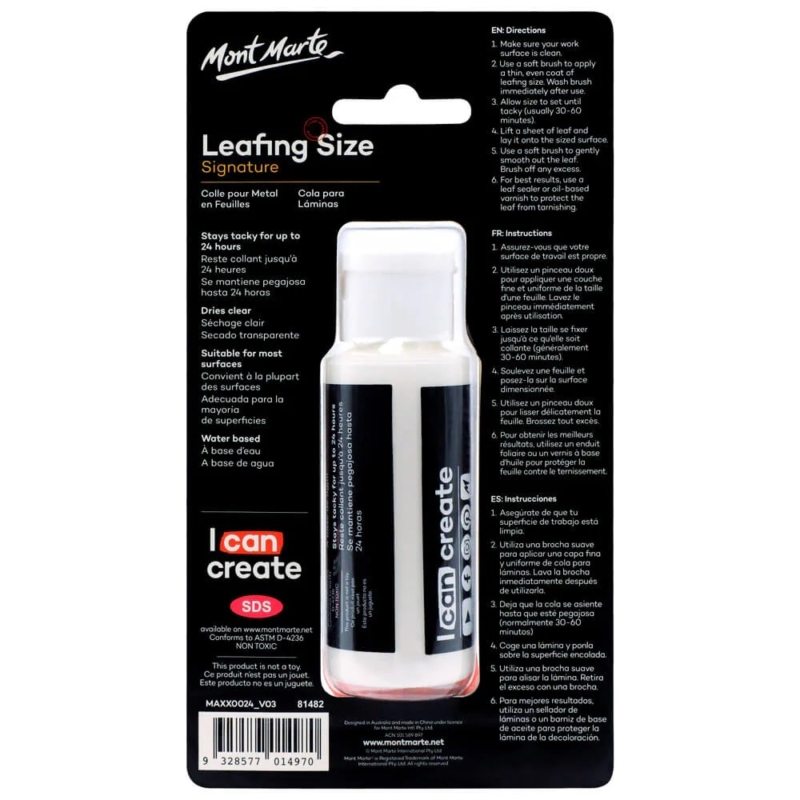 Mont Marte leafing size 60mls in a black compact package on a white background