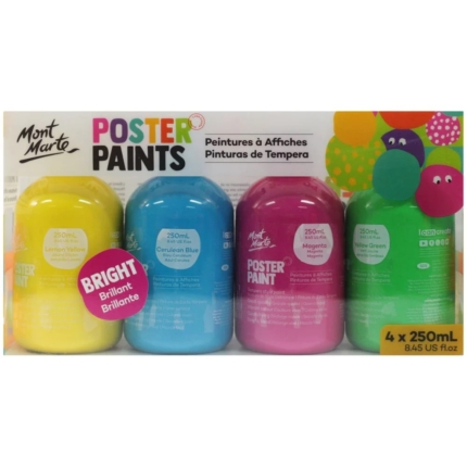 Mont Marte poster paints 4 bright colours on a white bcakground