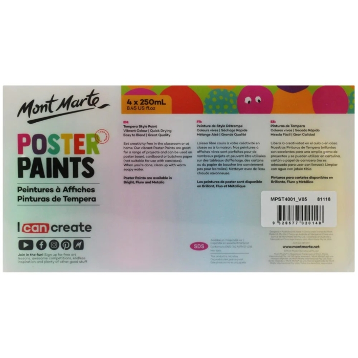 Washable Poster Paint Set: 4pc Bright (250ml) - Image 2